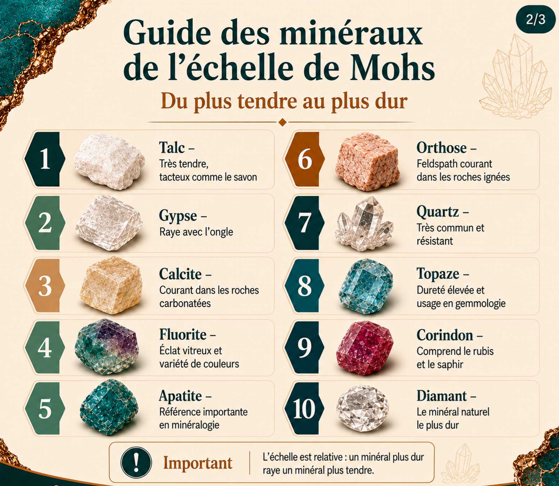 Graphique comparatif de la dureté relative de Mohs vs dureté absolue