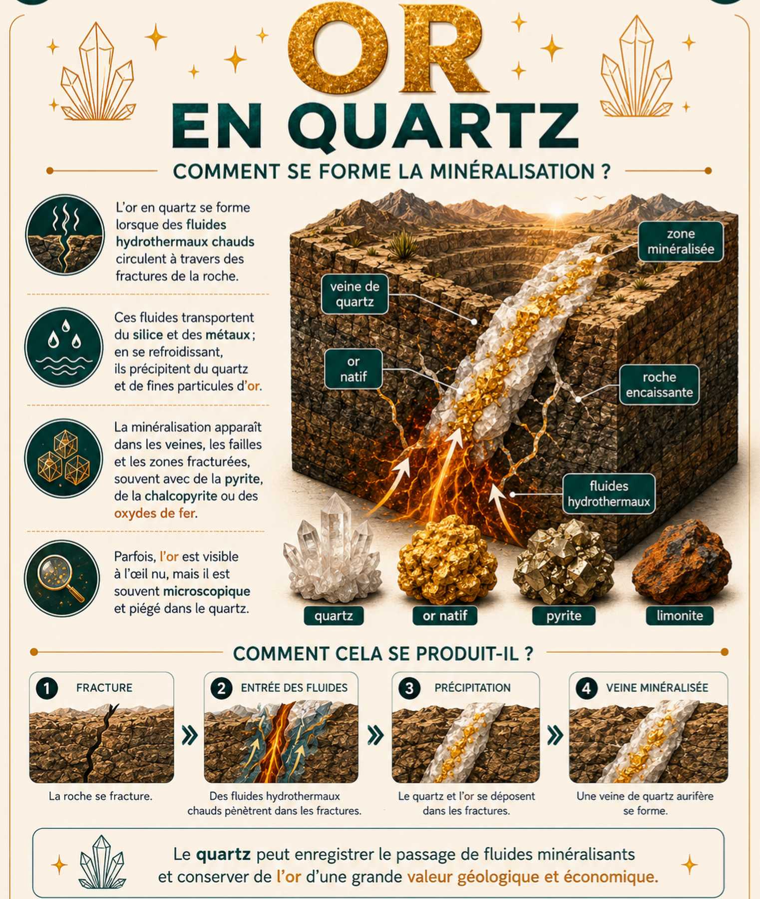 Filon de quartz blanc contenant des inclusions d'or natif