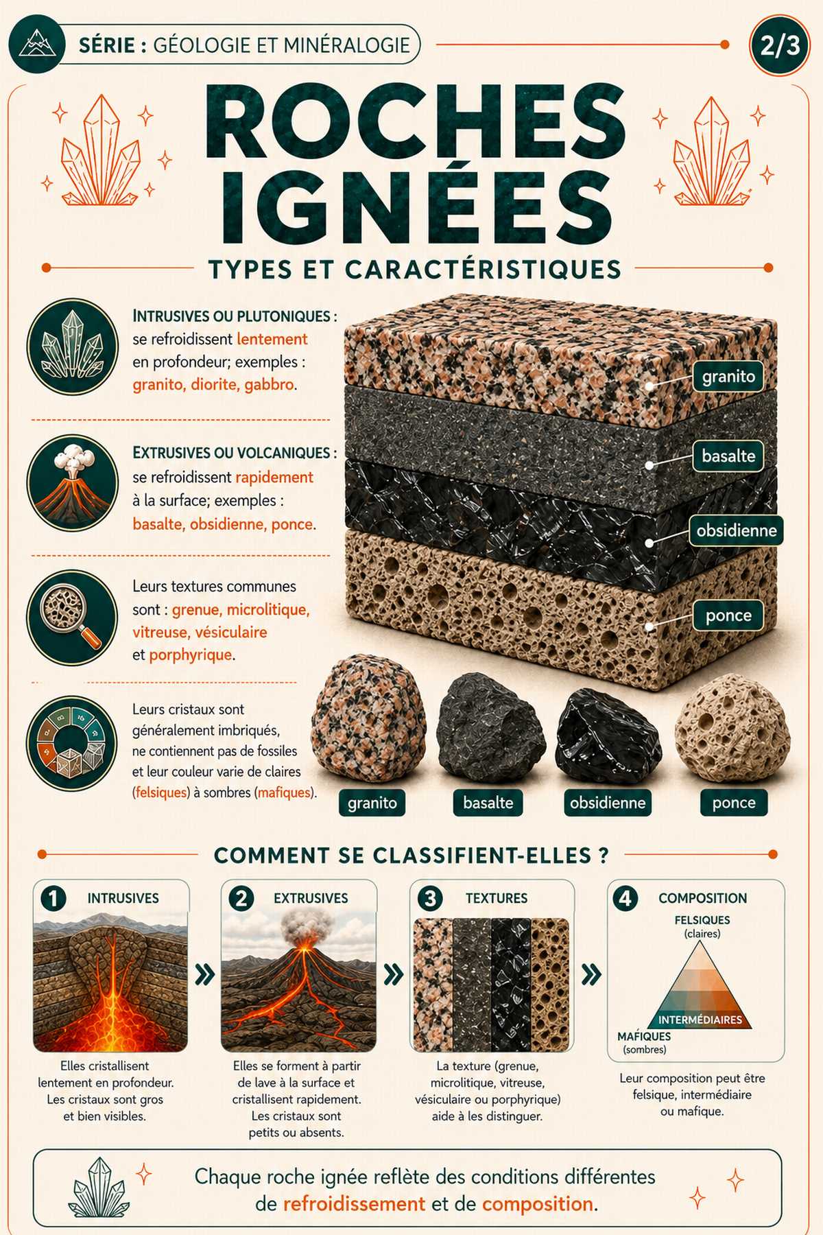 Infographie sur les types et caractéristiques des roches ignées