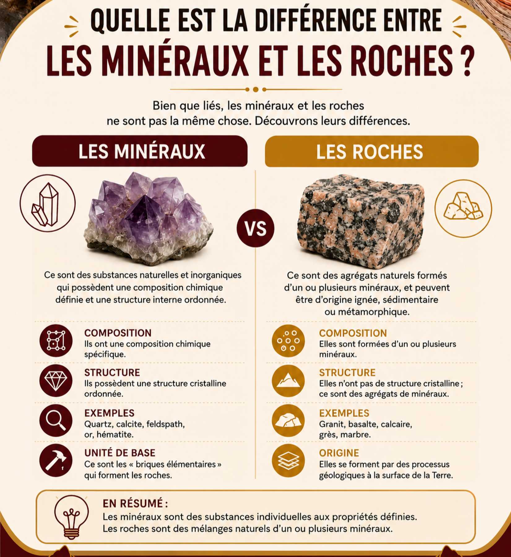 Comparaison entre les propriétés des minéraux et des roches