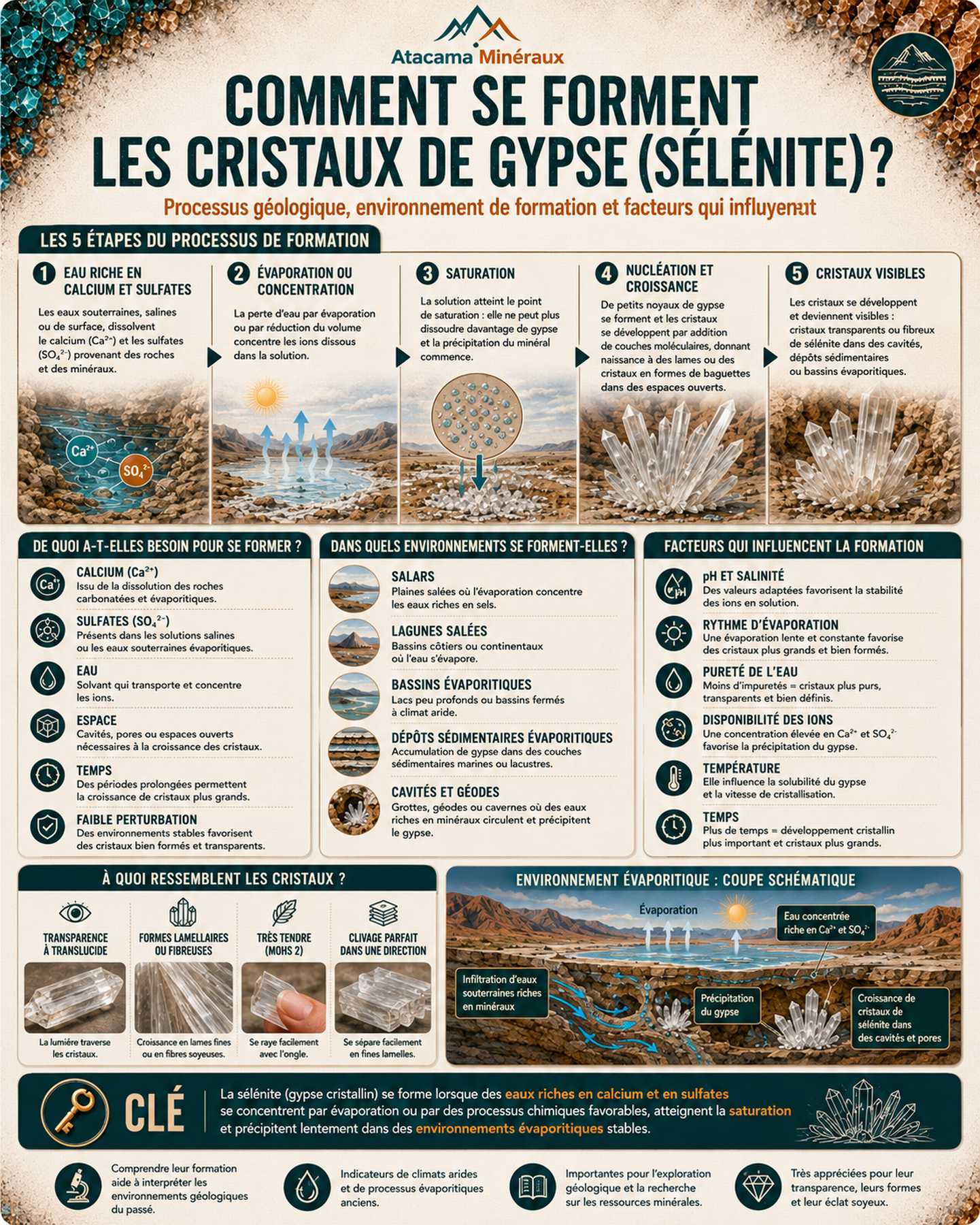 Dépôts de gypse et croûte évaporitique dans un salar